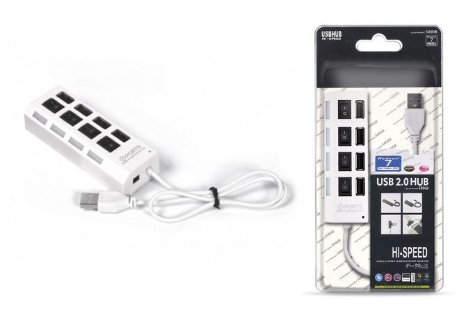 Разветвитель USB HUB 2.0 Хаб с выключателями, 4 порта, СуперЭконом, белый, SBHA-7204-W