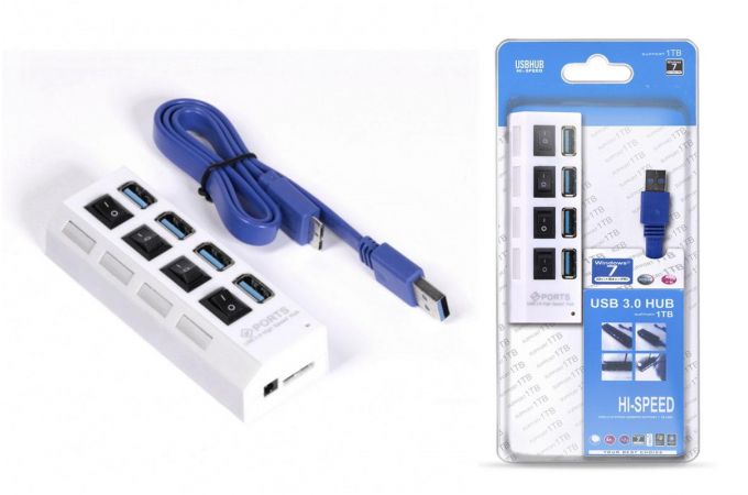 Разветвитель USB HUB 3.0 хаб с выключателями, 4 порта, СуперЭконом, белый, SBHA-7304-W