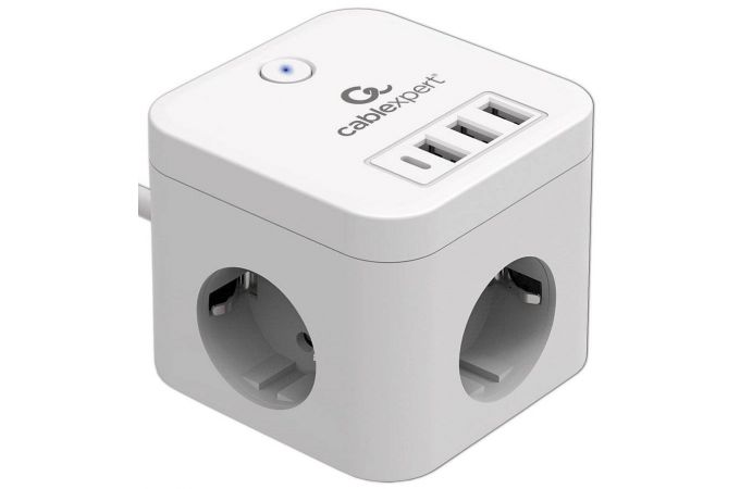 Сетевой фильтр с USB заряд. Cablexpert Cube CUBE-3-CU3-W-1.5 белый, 3розетки, 10А, 1xType-C PD, 3xUSB, 1.5м
