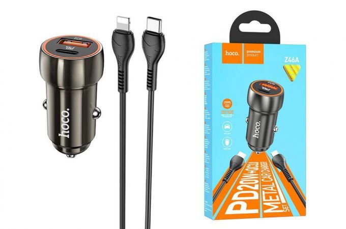 Автомобильное зарядное устройство АЗУ USB + Type-C + кабель Lightning HOCO Z46A Blue whale PD20W+QC3.0 (серый)