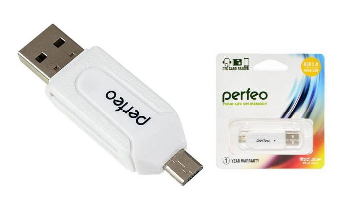 Картридер Perfeo Card Reader SD/MMC+Micro SD+MS+M2 + adapter with OTG, (PF-VI-O004 White) белый