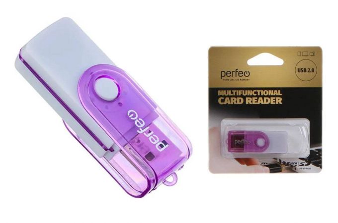 Картридер Perfeo Card Reader SD/MMC+Micro SD+MS+M2, (PF-VI-R020 Purple) фиолетовый