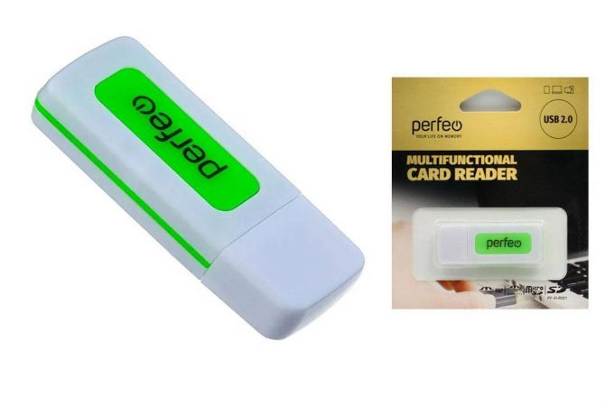 Картридер Perfeo Card Reader SD/MMC+Micro SD+MS+M2, (PF-VI-R021 White/Green) белозелёный