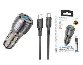 Автомобильное зарядное устройство АЗУ USB + USB-C + кабель Type-C Borofone BZ30 Absolute PD30W+QC3.0 (черный прозрачный)