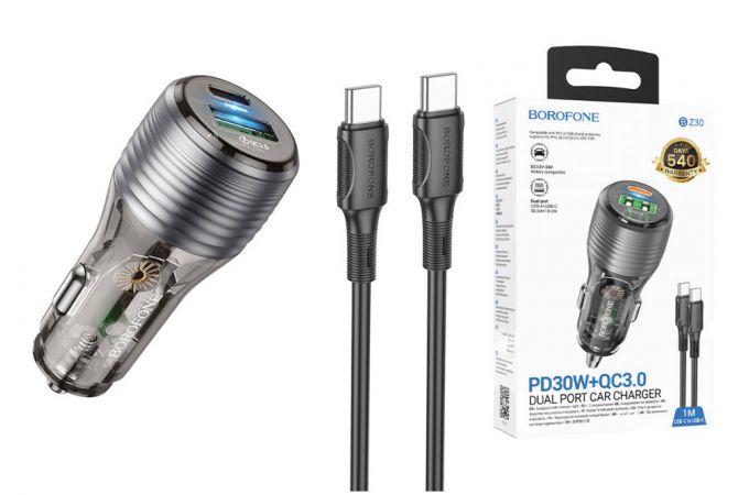 Автомобильное зарядное устройство АЗУ USB + USB-C + кабель Type-C Borofone BZ30 Absolute PD30W+QC3.0 (черный прозрачный)