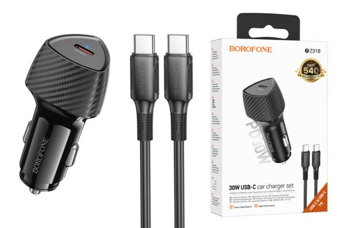 Автомобильное зарядное устройство АЗУ USB-С + кабель Type-C BOROFONE BZ31B Solid single port PD30W (черный)