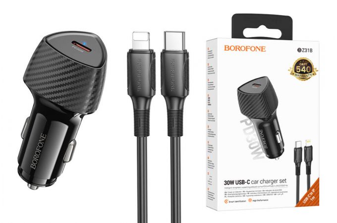 Автомобильное зарядное устройство АЗУ USB-C + кабель Lightning BOROFONE BZ31B Solid (черный)