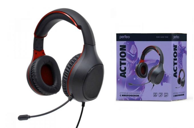 Наушники мониторные проводные с микрофоном Perfeo ACTION 1,8 м (черно-красный) (У)