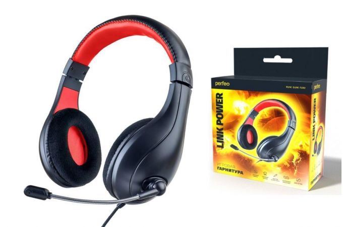 Наушники мониторные проводные с микрофоном Perfeo LINK POWER 2,0 м (черно-красный)