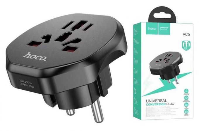 Сетевой адаптер-переходник Hoco AC6 Unimpeded universal conversion plug (EU) Black