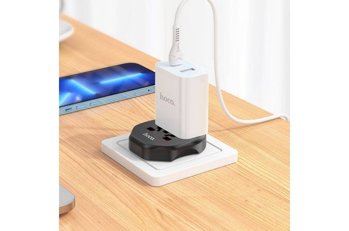 Сетевой адаптер-переходник Hoco AC6 Unimpeded universal conversion plug (EU) Black