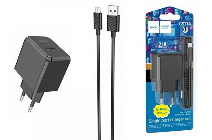 Сетевое зарядное устройство USB + кабель MicroUSB HOCO CS11A  2100mAh (черный)