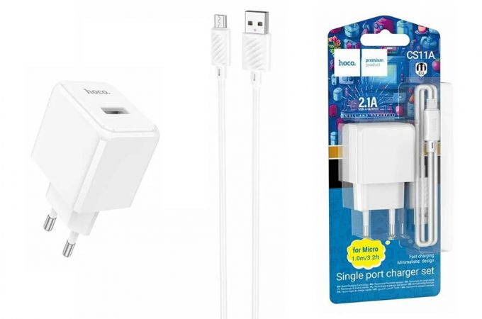 Сетевое зарядное устройство USB + кабель MicroUSB HOCO CS11A  2100mAh (белый)