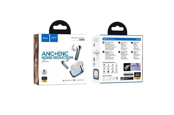 Наушники вакуумные беспроводные HOCO EQ16 Shine wireless BT headset (черно-синяя глазурь)
