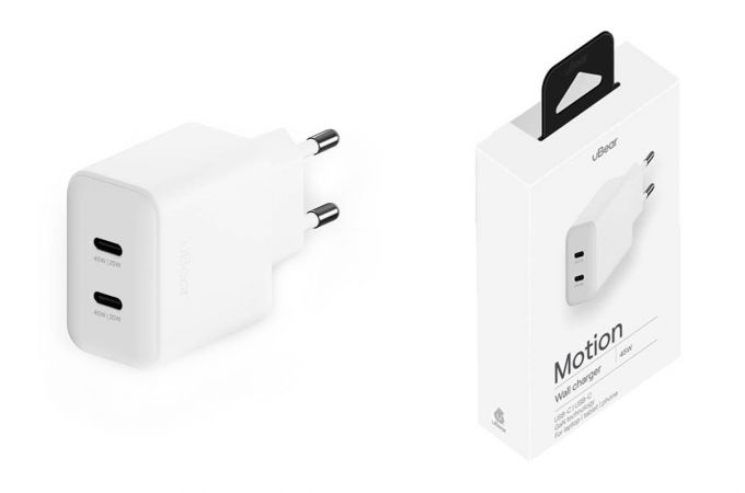 Сетевое зарядное устройство uBear Motion, GaN, 45W (2 ports USB-C) (White)