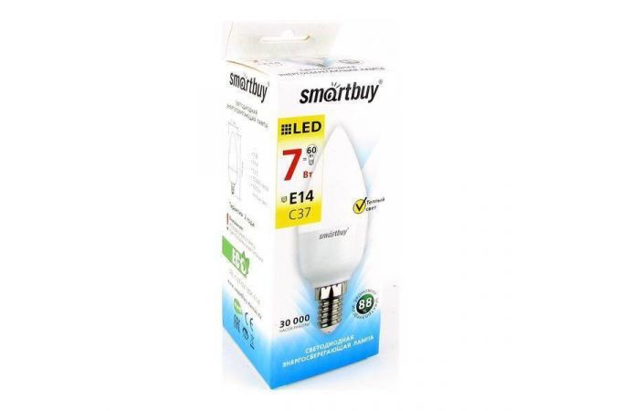Лампа светодиодная Smartbuy свеча C37 E14 7W (550lm) 6000K 6K матовый пластик SBL-C37-07-60K-E14
