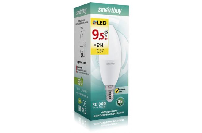 Лампа светодиодная Smartbuy свеча C37 E14 9.5W (900lm) 3000K 3K матовый пластик SBL-C37-9_5-30K-E14