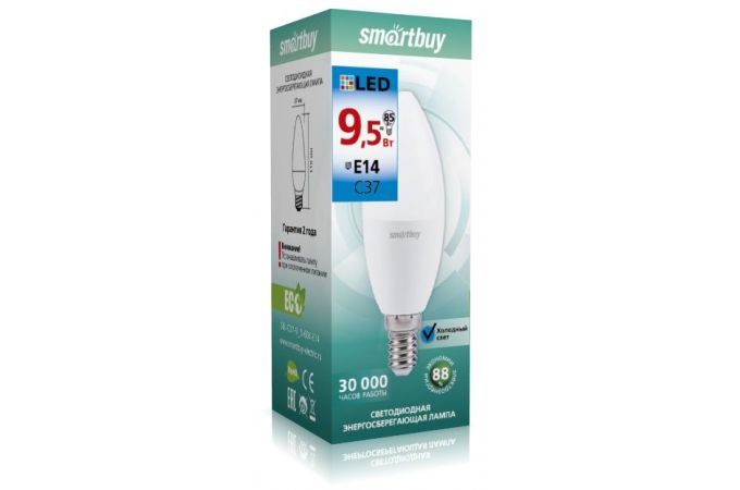 Лампа светодиодная Smartbuy свеча C37 E14 9.5W (900lm) 6000K 6K матовый пластик SBL-C37-9_5-60K-E14