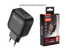 Сетевое зарядное устройство USB + USB-C WALKER WH-37, 3А, 18Вт, быстрая зарядка QC 3.0+PD, черное