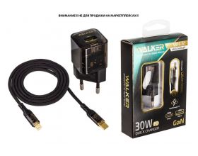 Сетевое зарядное устройство USB + USB-C + кабель Lightning - Type-C WALKER WH-61 GaN, 3А, 30Вт, USBx1/Type-Cx1, быстрая зарядка QC 3.0+PD