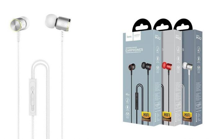 Наушники вакуумные проводные HOCO M42 Ice rhyme wire control (серебристый)