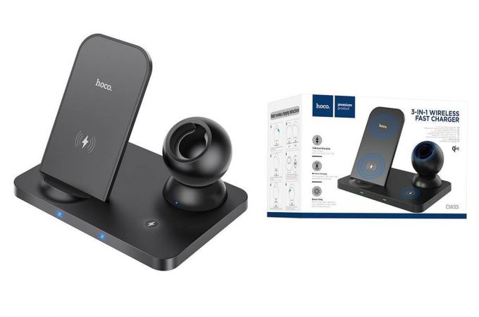 Беспроводное зарядное устройство 3 в 1 HOCO CW33 вертикальное (черный)