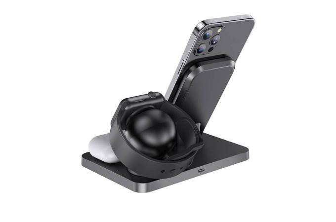 Беспроводное зарядное устройство 3 в 1 HOCO CW33 вертикальное (черный)