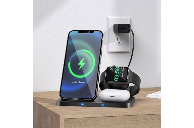 Беспроводное зарядное устройство 3 в 1 HOCO CW33 вертикальное (черный)