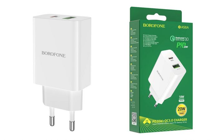 Сетевое зарядное устройство USB + USB-C BOROFONE BA56A Lavida speed PD20W+ QC3.0 (белый)