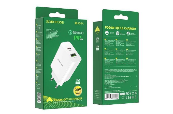 Сетевое зарядное устройство USB + USB-C BOROFONE BA56A Lavida speed PD20W+ QC3.0 (белый)