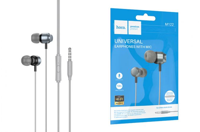 Наушники вакуумные проводные HOCO M122 Power metal universal earphones with microphone (серый)