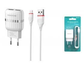 Сетевое зарядное устройство 2USB + кабель Lightning BOROFONE BA24A Vigor 2400mAh (белый)