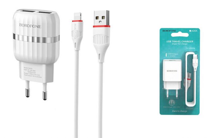 Сетевое зарядное устройство 2USB + кабель Lightning BOROFONE BA24A Vigor 2400mAh (белый)