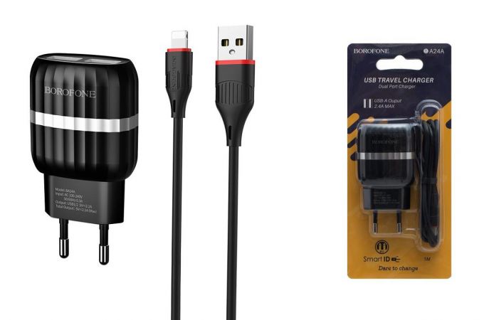 Сетевое зарядное устройство 2USB + кабель Lightning BOROFONE BA24A Vigor 2400mAh (черный)