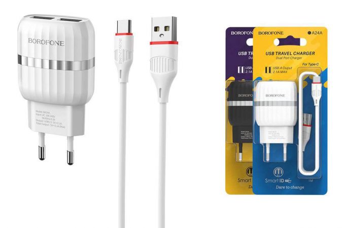 Сетевое зарядное устройство 2USB + кабель Type-C BOROFONE BA24A Vigor (белый)