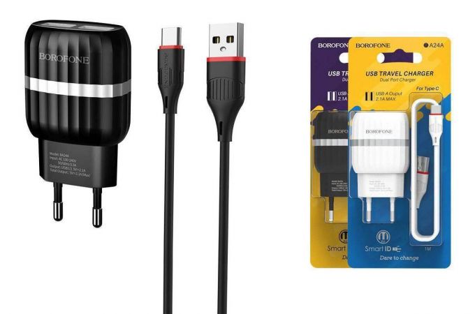 Сетевое зарядное устройство 2USB + кабель Type-C BOROFONE BA24A Vigor (черный)