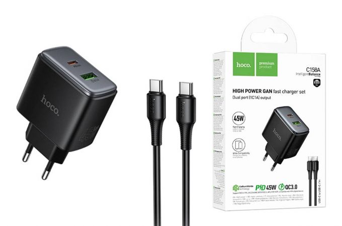 Сетевое зарядное устройство USB-C + кабель Type-C HOCO C158A Upgrade PD45W(1C1A) charger set (черный)